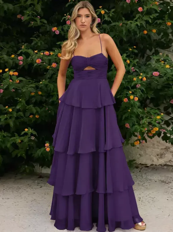Prom Dress A-Line Designed Neckline Chiffon Sleeveless Tiered Wedding Guest Dresses