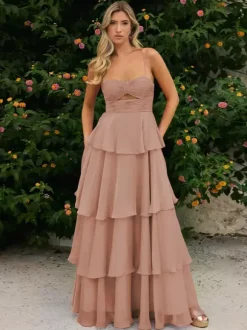 Prom Dress A-Line Designed Neckline Chiffon Sleeveless Tiered Wedding Guest Dresses