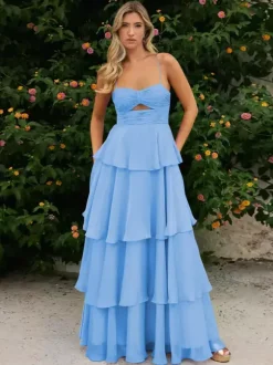 Prom Dress A-Line Designed Neckline Chiffon Sleeveless Tiered Wedding Guest Dresses