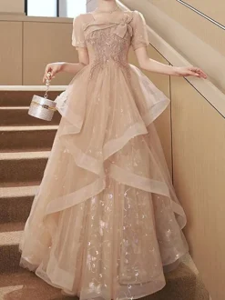 Prom Dress A-Line Square Neck Lace Short Sleeves Party Dresses