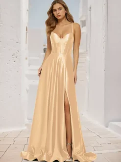 Prom Dress A-Line V-Neck Satin Fabric Sweep Split Front Social Party Dresses