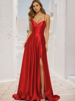 Prom Dress A-Line V-Neck Satin Fabric Sweep Split Front Social Party Dresses