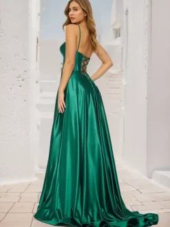 Prom Dress A-Line V-Neck Satin Fabric Sweep Split Front Social Party Dresses