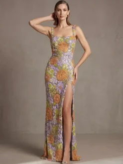 Prom Dress Ball Gown Square Neck Lace Floor-Length Flowers Social Evening Party Dresses