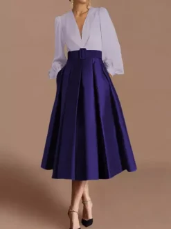 Prom Dress Ball Gown V-Neck Satin Fabric Long Sleeves Sash Pageant Dresses