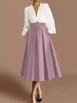 Prom Dress Ball Gown V-Neck Satin Fabric Long Sleeves Sash Pageant Dresses