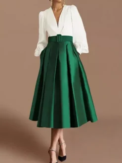 Prom Dress Ball Gown V-Neck Satin Fabric Long Sleeves Sash Pageant Dresses
