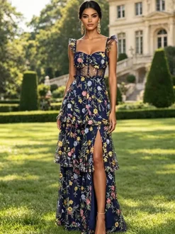 Prom Dress Dusty Lavender Floral Embroidery Tulle Gown Ruffle Strap Corset Mesh Back Tiered High Slit Wedding Guest Maxi Dress