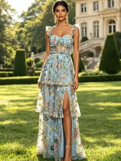 Prom Dress Dusty Lavender Floral Embroidery Tulle Gown Ruffle Strap Corset Mesh Back Tiered High Slit Wedding Guest Maxi Dress