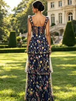 Prom Dress Dusty Lavender Floral Embroidery Tulle Gown Ruffle Strap Corset Mesh Back Tiered High Slit Wedding Guest Maxi Dress