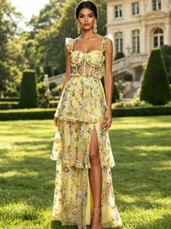 Prom Dress Dusty Lavender Floral Embroidery Tulle Gown Ruffle Strap Corset Mesh Back Tiered High Slit Wedding Guest Maxi Dress