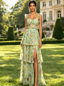 Prom Dress Dusty Lavender Floral Embroidery Tulle Gown Ruffle Strap Corset Mesh Back Tiered High Slit Wedding Guest Maxi Dress