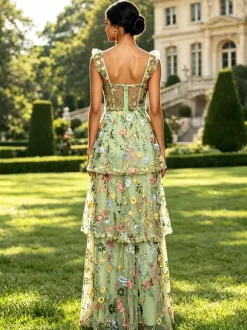 Prom Dress Dusty Lavender Floral Embroidery Tulle Gown Ruffle Strap Corset Mesh Back Tiered High Slit Wedding Guest Maxi Dress