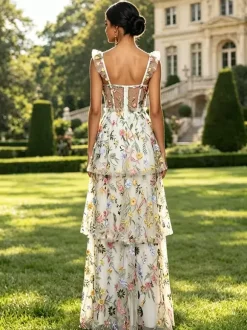 Prom Dress Dusty Lavender Floral Embroidery Tulle Gown Ruffle Strap Corset Mesh Back Tiered High Slit Wedding Guest Maxi Dress