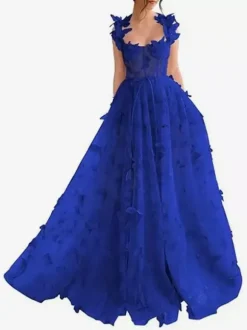Prom Dress Floral Lace Sweetheart Neck A-Line Sleeveless Butterfly Pageant Dresses
