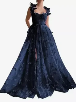 Prom Dress Floral Lace Sweetheart Neck A-Line Sleeveless Butterfly Pageant Dresses