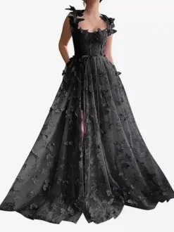 Prom Dress Floral Lace Sweetheart Neck A-Line Sleeveless Butterfly Pageant Dresses