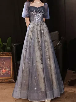 Prom Dress Lace Square Neck A-Line Short Sleeves Pageant Dresses