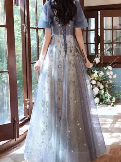 Prom Dress Lace Square Neck A-Line Short Sleeves Pageant Dresses