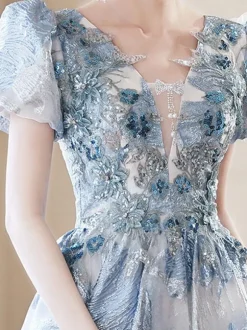 Prom Dress Lace V-Neck A-Line Short Sleeves Party Dresses
