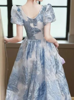 Prom Dress Lace V-Neck A-Line Short Sleeves Party Dresses