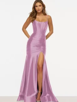 Prom Dress Mermaid Designed Neckline Elastic Silk Like Satin Sweep Pleated Formal Party Dresses