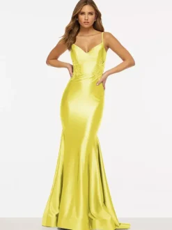 Prom Dress Mermaid V-Neck Sweep Sleeveless Backless Lace Satin Fabric Social Evening Dresses