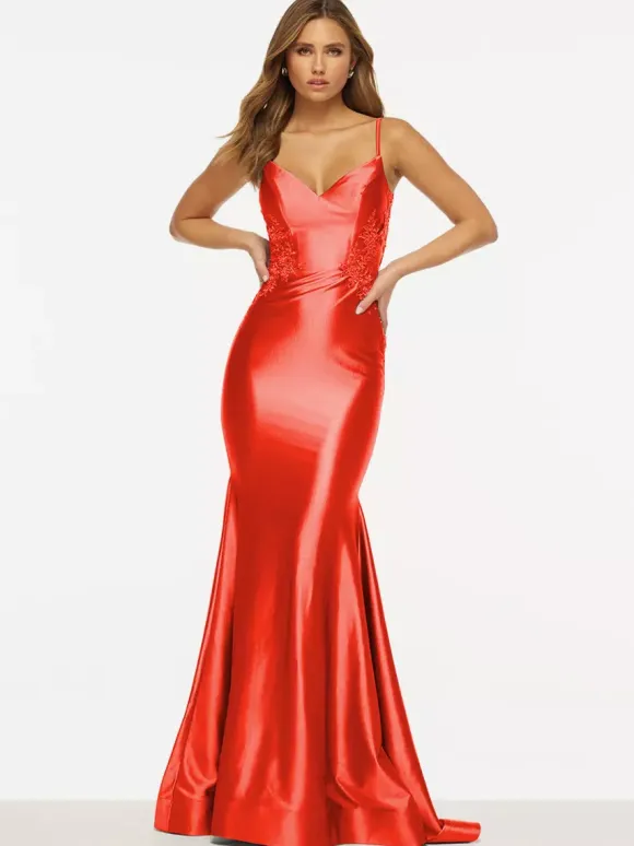 Prom Dress Mermaid V-Neck Sweep Sleeveless Backless Lace Satin Fabric Social Evening Dresses