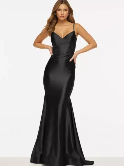 Prom Dress Mermaid V-Neck Sweep Sleeveless Backless Lace Satin Fabric Social Evening Dresses