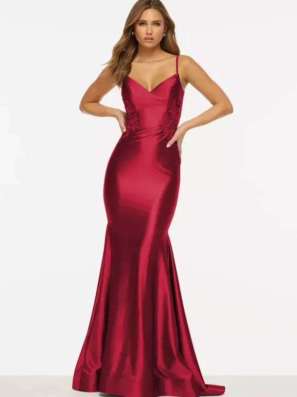 Prom Dress Mermaid V-Neck Sweep Sleeveless Backless Lace Satin Fabric Social Evening Dresses