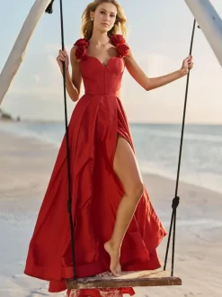 Prom Dress Taffeta Sweetheart Neck A-Line Sleeveless Flowers Party Dresses