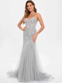 Prom Dress Tulle Strapless Mermaid Sleeveless Sequins Party Dresses