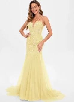 Prom Dress Tulle Strapless Mermaid Sleeveless Sequins Party Dresses