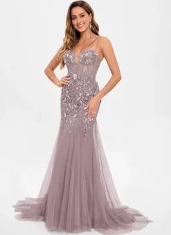 Prom Dress Tulle Strapless Mermaid Sleeveless Sequins Party Dresses