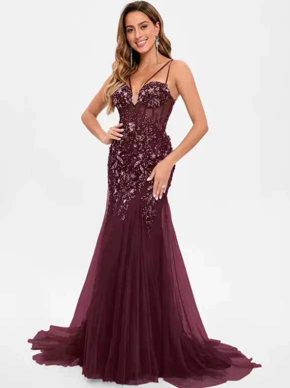 Prom Dress Tulle Strapless Mermaid Sleeveless Sequins Party Dresses