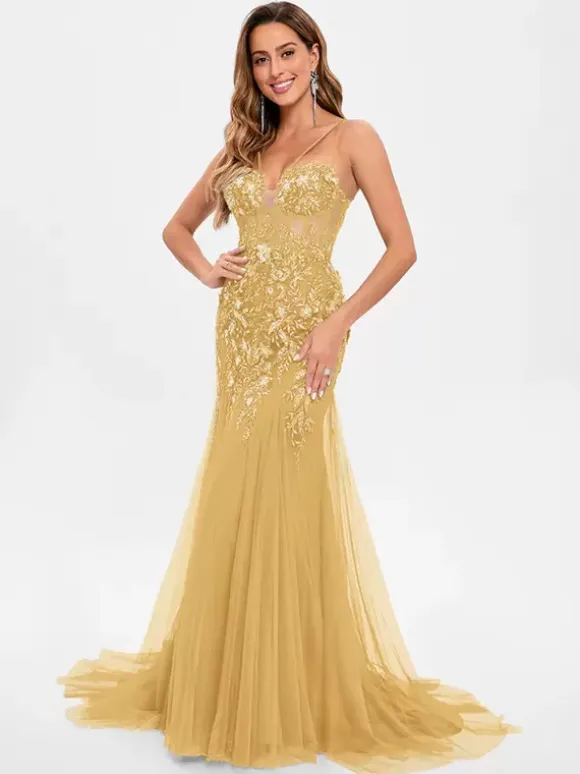 Prom Dress Tulle Strapless Mermaid Sleeveless Sequins Party Dresses
