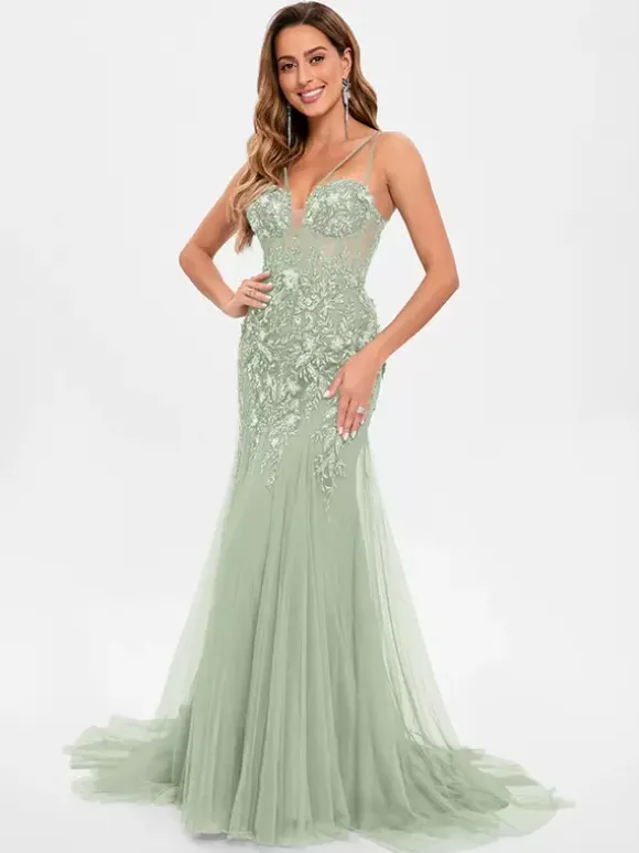 Prom Dress Tulle Strapless Mermaid Sleeveless Sequins Party Dresses
