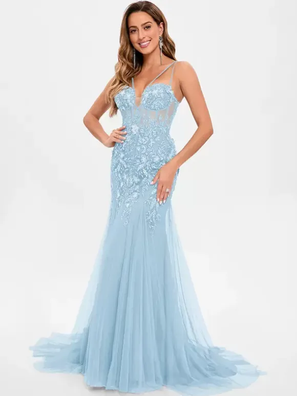 Prom Dress Tulle Strapless Mermaid Sleeveless Sequins Party Dresses