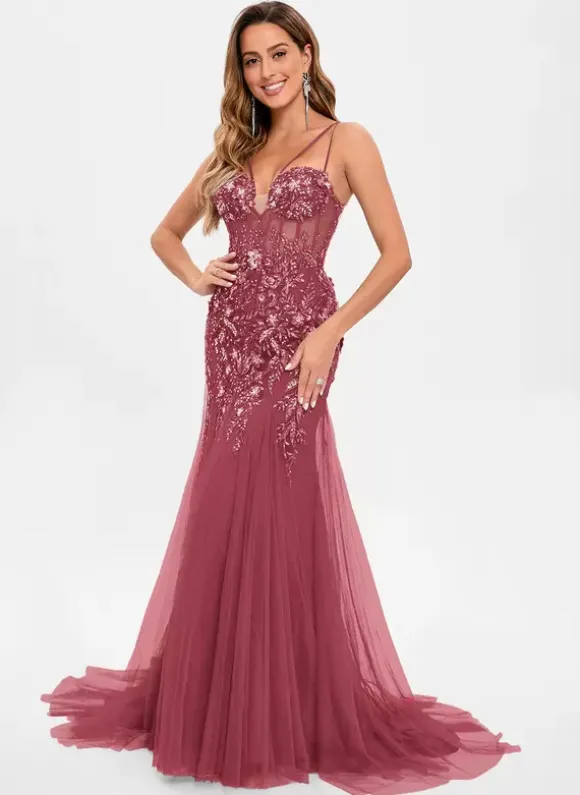 Prom Dress Tulle Strapless Mermaid Sleeveless Sequins Party Dresses