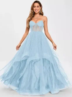 Prom Dress Tulle V-Neck Princess Silhouette Sleeveless Wedding Guest Dresses