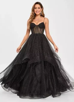 Prom Dress Tulle V-Neck Princess Silhouette Sleeveless Wedding Guest Dresses