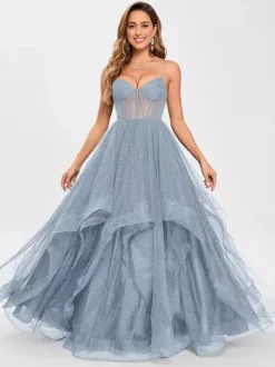 Prom Dress Tulle V-Neck Princess Silhouette Sleeveless Wedding Guest Dresses