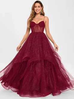 Prom Dress Tulle V-Neck Princess Silhouette Sleeveless Wedding Guest Dresses
