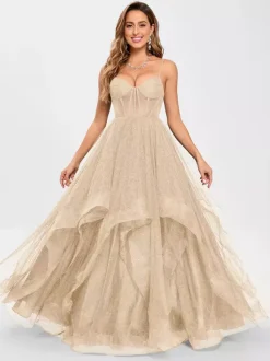 Prom Dress Tulle V-Neck Princess Silhouette Sleeveless Wedding Guest Dresses