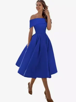 Prom Dress A-Line Off-The-Shoulder Satin Fabric Tea-Length Formal Party Dresses