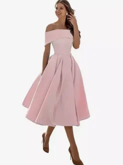 Prom Dress A-Line Off-The-Shoulder Satin Fabric Tea-Length Formal Party Dresses
