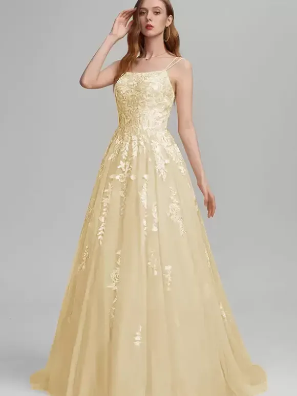Prom Dress A-Line Square Neck Lace Sleeveless Lace Wedding Guest Dresses