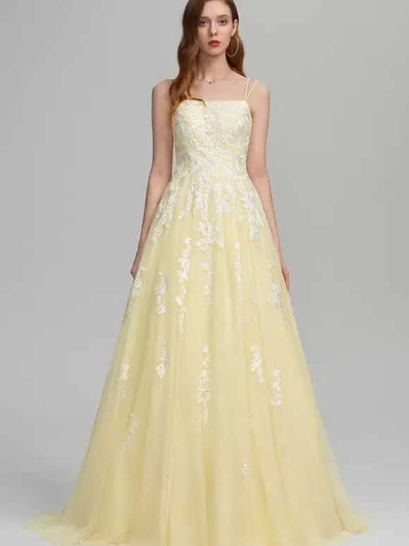 Prom Dress A-Line Square Neck Lace Sleeveless Lace Wedding Guest Dresses