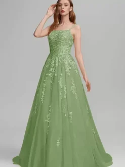 Prom Dress A-Line Square Neck Lace Sleeveless Lace Wedding Guest Dresses