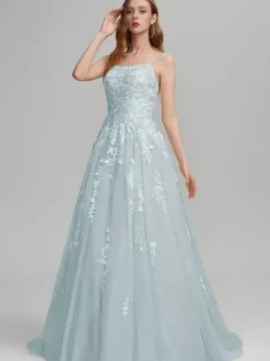 Prom Dress A-Line Square Neck Lace Sleeveless Lace Wedding Guest Dresses
